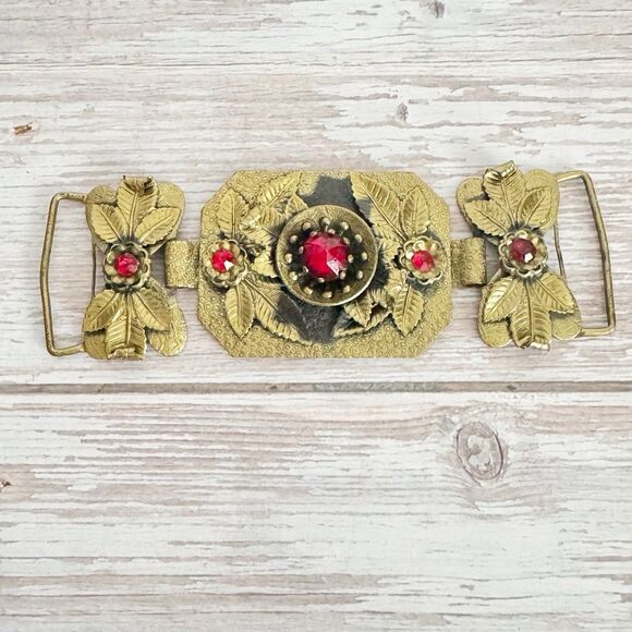 Art Nouveau Vintage Antique Bohemian Czech Garnet Red Glass Brass Sash Buckle - Picture 1 of 8